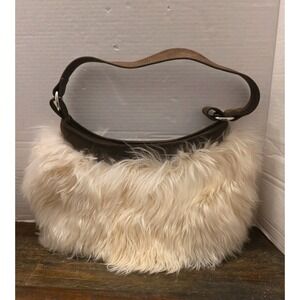 Vintage Y2K Shaggy Faux Fur Shoulder Bag – Cream & Brown Suede Trim